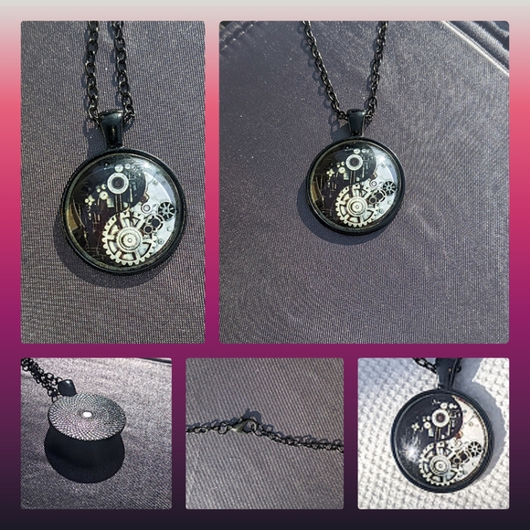 5/$25 Steampunk cat or b&w ying yang gears resin glass pendant necklace new - Picture 5 of 6
